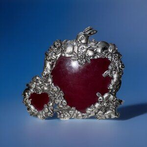 Bunny Rabbit Double Heart Silver Picture Frame Arthur Court Cast Aluminum 1991